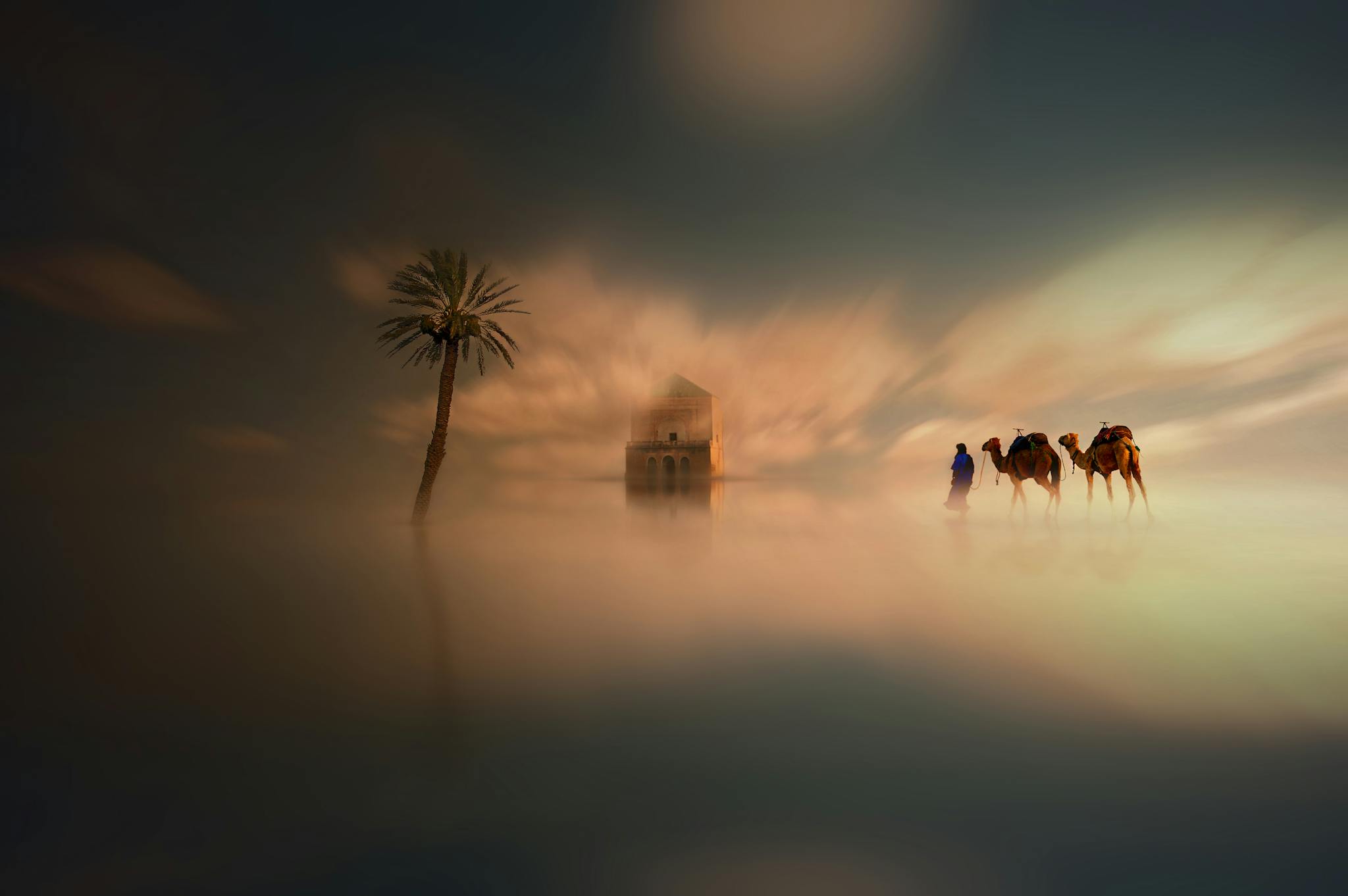 About 4 camels and man walking on desert