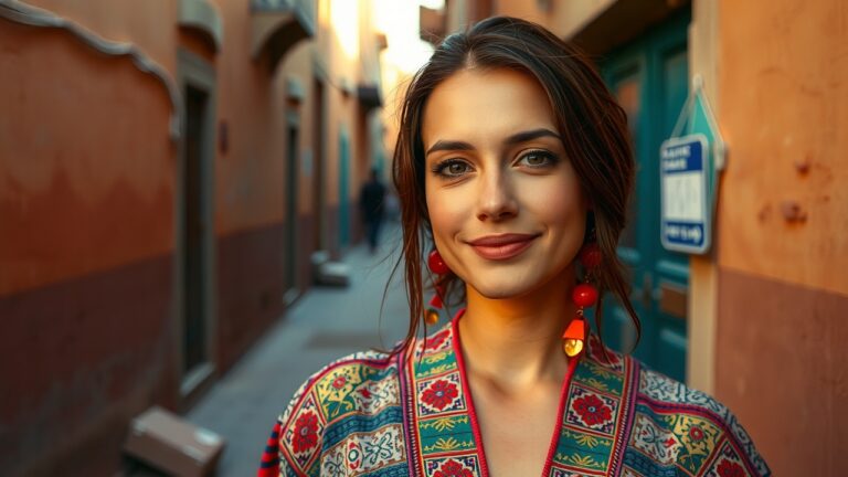 Portrait naturel en extérieur d'une voyageuse confiante dans une médina marocaine colorée, lumière douce de l'heure dorée, tunique traditionnelle aux épaules couvertes, rue étroite poussiéreuse aux tons chauds, expression spontanée, texture de peau détaillée, ambiance authentique avec grain subtil de film 35 mm.