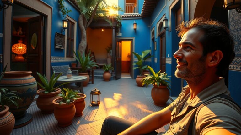 Cour intérieure d’un riad marocain en angle large au coucher de soleil, lumière chaude sur mosaïques détaillées, murs bleu vif, plantes luxuriantes, pots en terre cuite ensoleillés, ambiance paisible et authentique avec voyageur détendu.