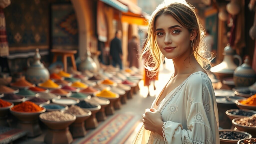 image-25 Jeune femme explorant un marché marocain vibrant au coucher de soleil, lumière naturelle douce, tapis texturés et épices colorées en arrière-plan