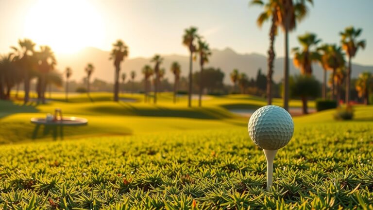 Parcours de golf marocain luxuriant au crépuscule - fairways verts bordés de palmiers, montagnes de l'Atlas en arrière-plan, lumière naturelle douce, ambiance paisible et détails nets