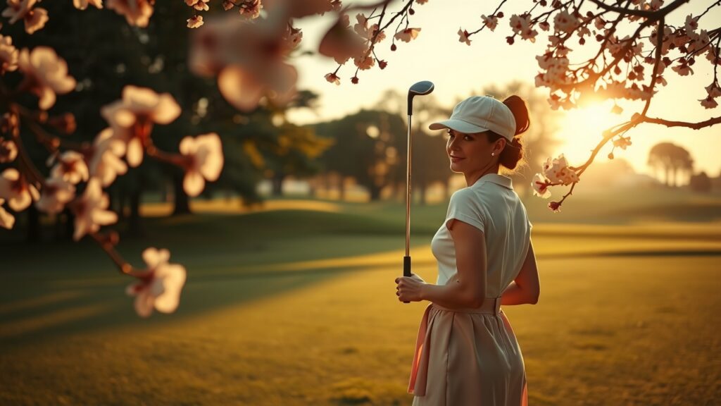 Golf serein au lever du soleil, femme élégante en tenue pastel, fleurs délicates et lumière douce sur greens impeccables, ambiance calme et naturelle.