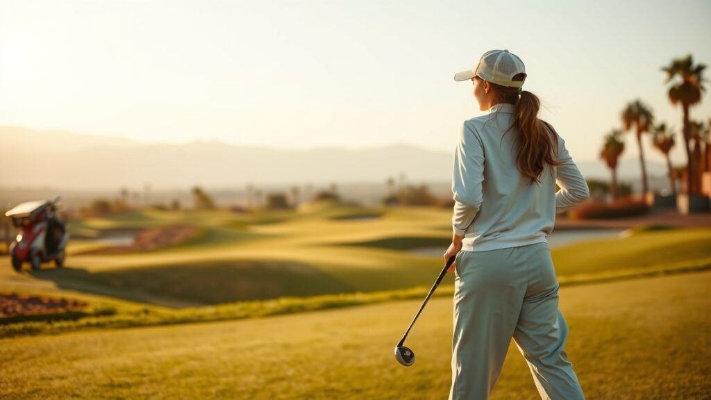 Golf paisible au lever du soleil au Maroc, femme élégante en tenue pastel sur fairway verdoyant, montagnes de l'Atlas en arrière-plan, lumière douce naturelle, ambiance chaleureuse et moderne.