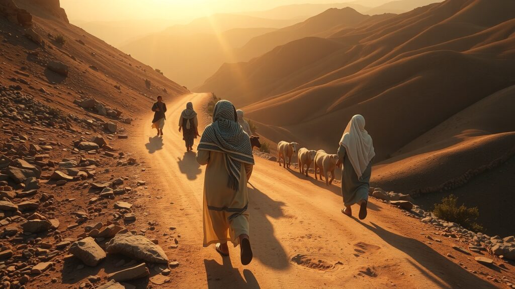 Bergères marocaines guidant leurs troupeaux sur des sentiers montagneux poussiéreux au coucher du soleil, lumière douce et ambiante, vêtements traditionnels pastel, paysage naturel chaleureux et paisible.