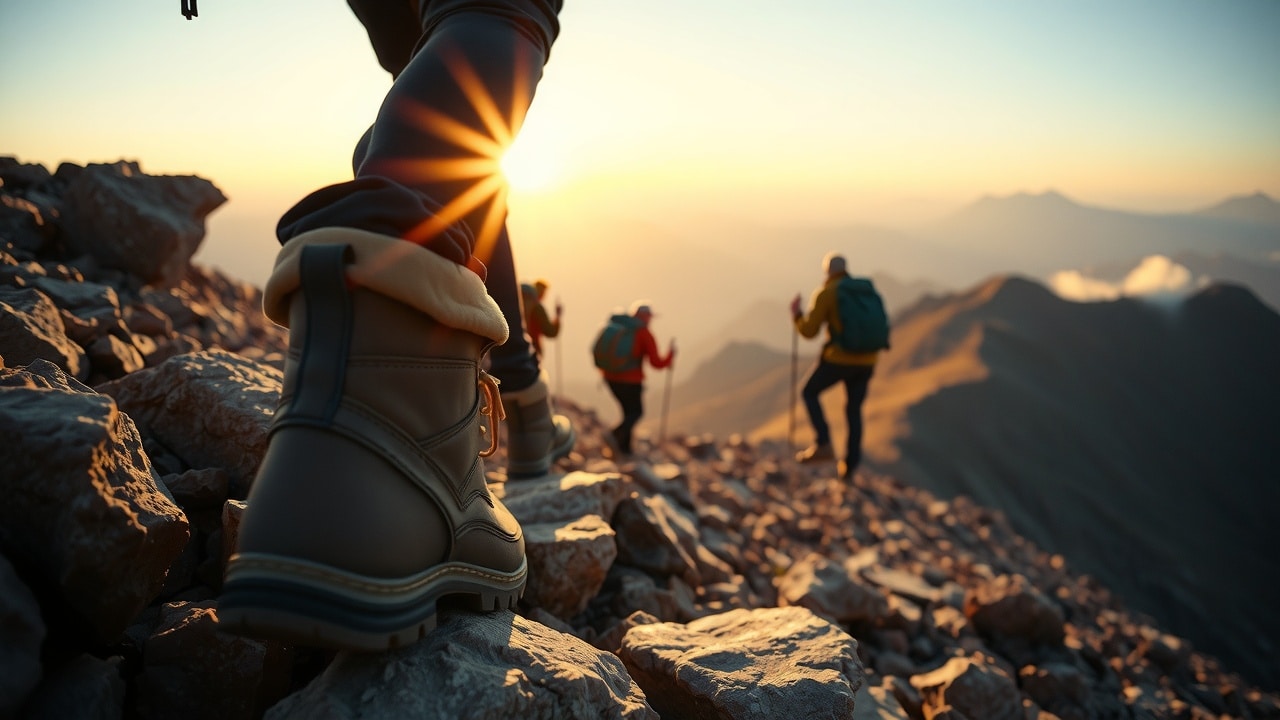 Randonneurs gravissant les pentes rocheuses près du refuge du Djebel Toubkal au lever du soleil, lumière douce et ambiance matinale avec brume légère sur les sommets de l'Atlas, détails des bottes usées et vêtements de montagne, tons naturels et ciel doré capturés en 35 mm avec grain de film subtil.