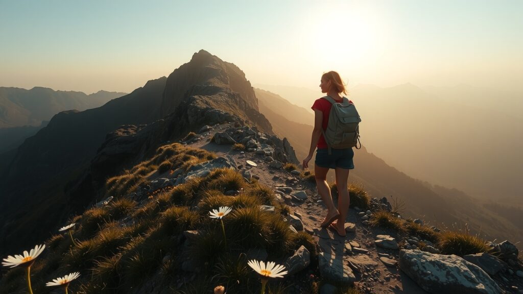 image-7 Sentier de montagne paisible à l'aube, lumière douce avec léger flare, chemin rocheux, fleurs sauvages au premier plan, vallées brumeuses, femme mince en randonnée avec sac léger, tons naturels pastel, ambiance chaleureuse 35mm.