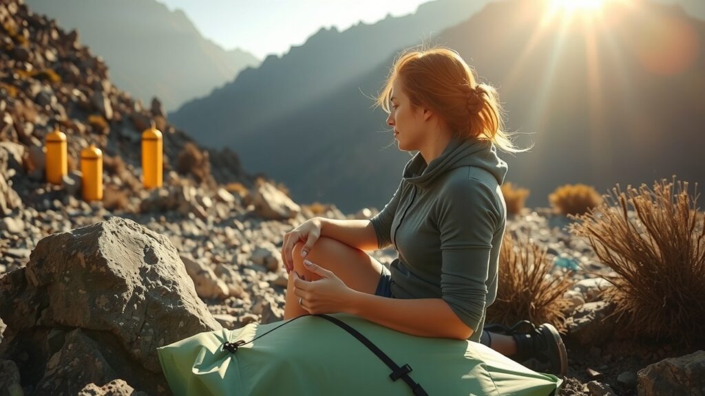 image-9 Randonneuse au camp de base en montagne au lever du jour, lumière douce, rochers texturés et buissons alpins, ambiance chaleureuse et contemplative avant l’ascension du Toubkal