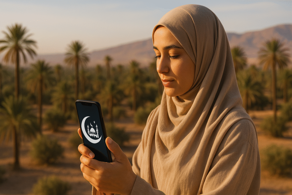 Une femme qui cherche l'orientation de la mosqué